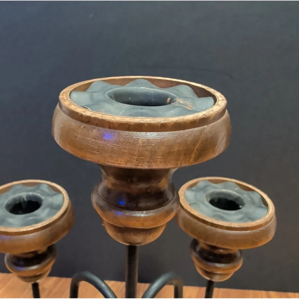 Vintage Wood & Black Metal 5 Light Candelabra Farmhouse Taper Candle Holder 15